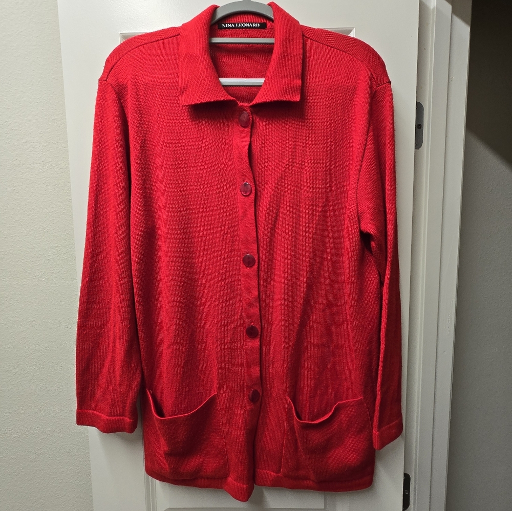 Nina Leonard Red Lightweight Shirt Jacket with Full-Length Zipper